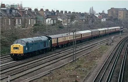  ?? Alex Thorkildse­n ?? Main line certified No. 40145 approaches Queen’s Park, north London, on March 8 at the head of a special working for LSL from Oban to Euston. The loco’s hire agreement has been extended for another year, during which it is expected to be repainted into green livery.