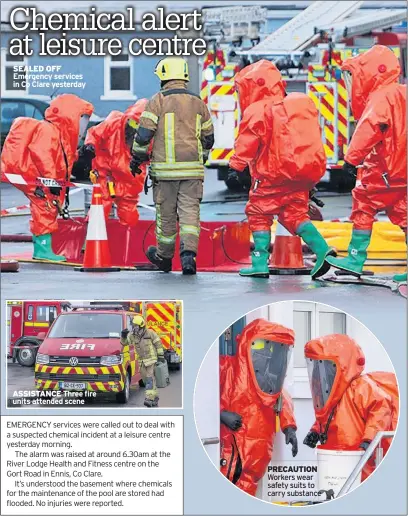  ??  ?? SEALED OFF ASSISTANCE PRECAUTION Workers wear safety suits to carry substance