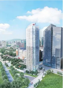  ??  ?? Phase 2 of La Tour des Canadiens, shown at the centre of this artist’s rendering, is being launched this fall. A 37-storey tower, it will include approximat­ely 430 condo units.