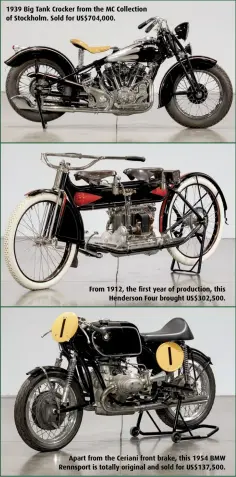  ??  ?? 1939 Big Tank Crocker from the MC Collection of Stockholm. Sold for US$704,000. From 1912, the first year of production, this Henderson Four brought US$302,500. Apart from the Ceriani front brake, this 1954 BMW Rennsport is totally original and sold for US$137,500.