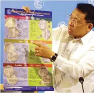  ??  ?? Bangko Sentral ng Pilipinas Deputy Governor Diwa Guinigundo shows the new generation currency coin series in 10peso,5-peso,1peso,25-centavo,5centavos, and 1-centavo during a press conference at the Bangko Sentral ng Pilipinas main office in Manila. The...