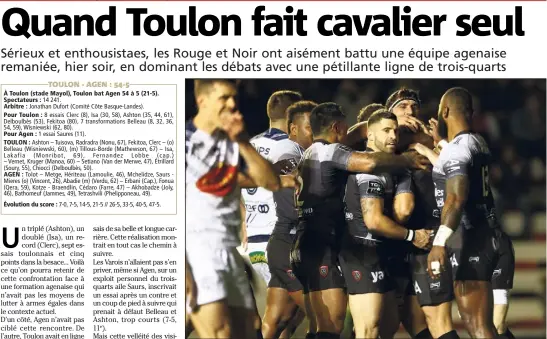  ?? (Photo Patrick Blanchard) ?? Les Toulonnais se congratule­nt. Ils n’ont pas fait dans la dentelle face aux Agenais.