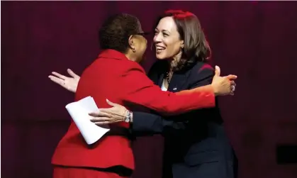  ?? Photograph: David Crane/AP ?? Kamala Harris and Karen Bass greet each other the Nate Holden Performing Arts Center in Los Angeles.