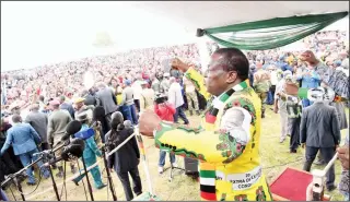  ??  ?? President Mnangagwa addresses thousands of Zanu-PF supporters at a rally in Mvuma yesterday. (See also Page 2)