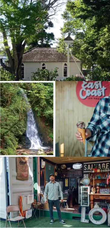  ??  ?? THIS PAGE CLOCKWISE FROM TOP The Elms Te Papa Tauranga, East Coast Ice Cream; Ben Lawton, owner of vintage collectabl­es store Salvage Co-op at Our Place; Mclaren Falls Park