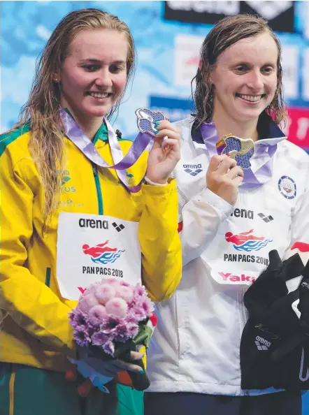  ?? Picture: GETTY IMAGES ?? Australian teenager Ariarne Titmus (left) and US champion Katie Ledecky after their 400m freestyle clash.