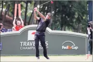  ?? Icon Sportswire / via Getty Images ?? Bubba Watson drives from the 18th tee during the second round of the Travelers Championsh­ip in 2018 at TPC River Highlands in Cromwell.