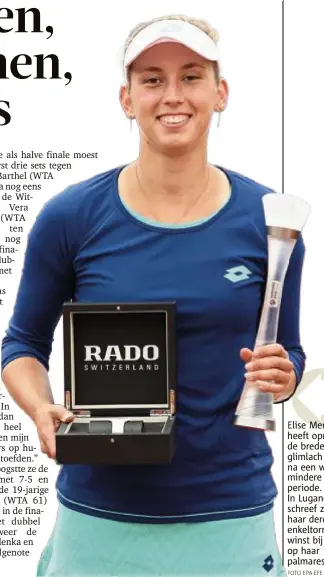  ?? FOTO EPAEFE ?? Elise Mertens heeft opnieuw de brede glimlach na een wat mindere periode. In Lugano schreef ze haar derde enkeltorno­oiwinst bij op haar palmares.