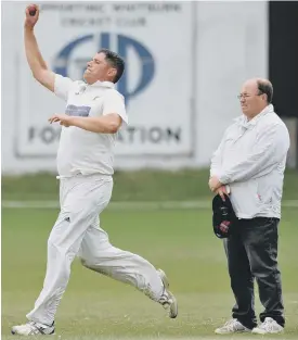  ??  ?? Whitburn bowler Kieran Waterson (left) races in on the way to taking eight wickets against the Durham Academy on Saturday. Right: Craig Smith bowls. Pictures by Tim Richardson