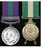  ??  ?? The British GSMwith scarce clasp ‘Southern Desert Iraq’ (Jan-June 1928) and the Iraqi medal without clasp covering the same operations