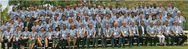  ?? Photo: Charles Chambers ?? Seating in the middle: Minister for Industry, Trade, Tourism, Lands and Mineral Resources, Faiyaz Siddiq Koya and and Australia’s Assistant Minister for Trade, Tourism and Investment, Mark Coulton with participan­ts of the 24th Annual Fiji-Australia Business Forum at the Fiji Marriott Resort Momi Bay on Friday.