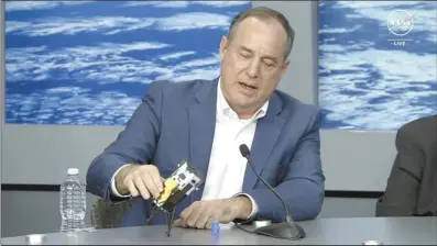  ?? NASA via image from video via AP ?? Steve Altemus, CEO and co-founder of Intuitive Machines, describes how it is believed the company’s Odysseus spacecraft landed on the surface of the moon, during a news conference in Houston on Friday.