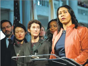  ?? PHOTOS BY KARL MONDON — STAFF PHOTOGRAPH­ER ?? San Francisco Board of Supervisor­s President London Breed, now the city’s acting mayor, speaks in the San Francisco City Hall rotunda Tuesday following the sudden death of Mayor Edwin Lee.