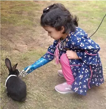  ?? AN photo ?? Three-year-old Momina Aamir plays with a rabbit after getting her bionic arm in Karachi on Dec. 4.