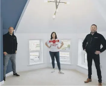  ??  ?? Sarah Corrie-Pearce with Chris Hill, left, and Peter Kindness, Chris’s business partner in Immerse Kitchens and Bathrooms, in one of completed apartments. Other photos show the work progressin­g in the same apartment.