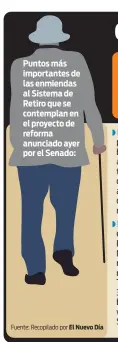  ?? Fuente: Recopilado por El Nuevo Día ?? Puntos más importante­s de las enmiendas al Sistema de Retiro que se contemplan en el proyecto de reforma anunciado ayer por el Senado: