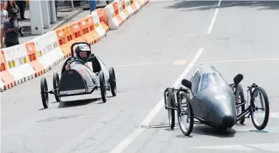  ?? ?? Silver Sausage, number 41, driven by Elliot Fitness (10 years old) and number 43, Max Vosper (11 years old) from Tauranga, winning the Junior King of the Hill. His father Kirk won the King of the Hill trophy.