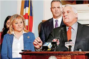  ??  ?? Senate President Pro Tempore Mike Schulz speaks during a news conference Monday at the state Capitol. Gov. Mary Fallin, along with Schulz and House Speaker Charles McCall, center, announced a Republican revenue package that could prevent cuts to...