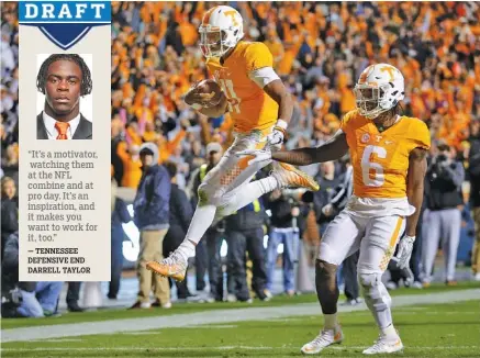  ?? STAFF FILE PHOTO BY DOUG STRICKLAND ?? Tennessee quarterbac­k Joshua Dobbs leaps into the end zone ahead of teammate Alvin Kamara for a touchdown during last season’s home game against Missouri. Dobbs and Kamara are among the Vols hopeful of being taken in the NFL draft that starts tonight...