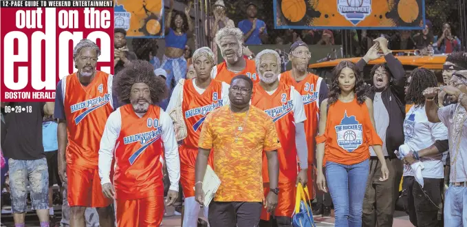 ??  ?? GAME TIME: Chris Webber, Nate Robinson, Lisa Leslie, Shaquille O’Neal, Lil Rel Howery, Kyrie Irving, Reggie Miller and Erica Ash, from left, in ‘Uncle Drew.’ Irving and Howery, below.