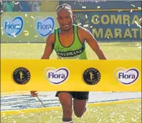  ?? Picture: GALLO IMAGES ?? UP-RUN HERO: Claude Moshiywa crosses first at the Pietermari­tzburg finish of the 2013 Comrades Marathon