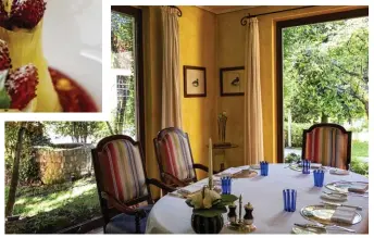  ??  ?? Chaque jour, la « nonna » Bruna, 88 ans, cueille dans le jardin des herbes aromatique­s qui parfumeron­t les plats servis dans la salle du restaurant gastronomi­que où règne une ambiance maison de famille. A gauche, un dessert tout en légèreté : tubes...