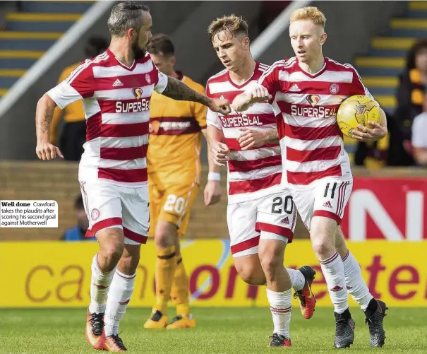  ??  ?? Well done Crawford takes the plaudits after scoring his second goal against Motherwell