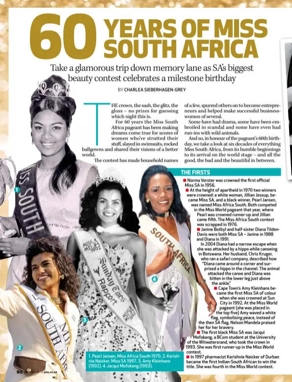  ??  ?? 1. Pearl Jansen, Miss Africa South 1970. 2. Kerishnie Naicker, Miss SA 1997. 3. Amy Kleinhans (1992). 4. Jacqui Mofokeng (1993).