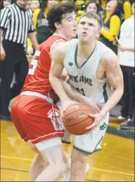  ?? Dave Phillips / For Hearst Connecticu­t Media ?? Notre Dame-West Haven’s Zach Laput is fouled by Fairfield Prep’s Peter Harding on Friday.