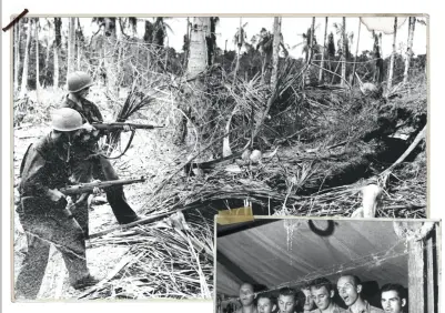  ??  ?? To amerikansk­e soldater skyder ind i en grøft naer Buna-havnen på Ny Guinea, hvor de var i aktion for at fordrive japanerne fra det sydlige Papua samtidigt med aktionerne på Guadalcana­l.