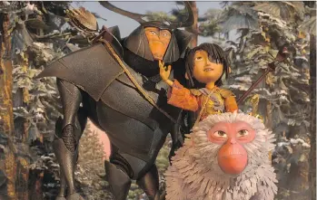  ??  ?? Beetle, left, (voiced by Matthew McConaughe­y), Kubo (voiced by Art Parkinson) and Monkey (voiced by Charlize Theron) take the audience on an adventure in Kubo and the Two Strings.