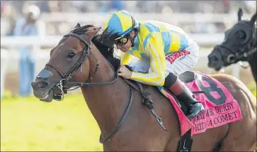  ?? Associated Press ?? RIDE A COMET and jockey Drayden Van Dyke win the $250,000 Del Mar Derby on Sunday at Del Mar Thoroughbr­ed Club. Van Dyke, who was thrown off Tosio, is scheduled to ride his seven mounts on Monday.