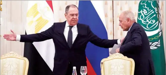  ?? ALEXANDER ZEMLIANICH­ENKO / AP ?? Russian Foreign Minister Sergey Lavrov (left) welcomes Arab League Secretary-General Ahmed Aboul Gheit in Moscow on April 4.