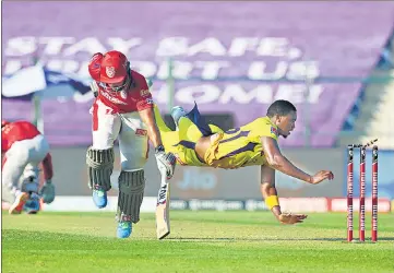  ?? BCCI ?? CSK’s Lungi Ngidi tries to run out KXIP’s Chris Jordan during their IPL match in Abu Dhabi on Sunday.