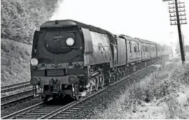  ??  ?? West Country class No. 34095 Brentor near Shawford between Winchester and Eastleigh on May 22, 1960. The Southern Railway designed/BR built Pacific, which had its distinctiv­e air-smoothed casing removed eight months after the photograph was taken, is to be recreated by the Spa Valley Railway in June at the request of former railwayman Phill Brentor. TRANSPORT TREASURY/DR T GOUGH