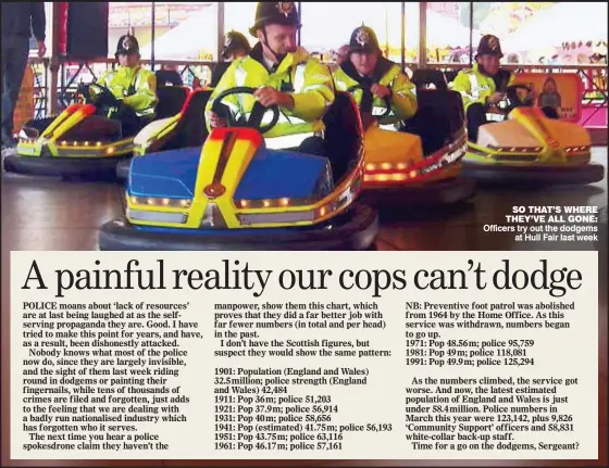  ??  ?? SO THAT’S WHERE THEY’VE ALL GONE: Officers try out the dodgems at Hull Fair last week