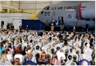  ?? DEANGELO BYRD / STAFF ?? More than 200 airmen and their families inside a hangar at the 445th Airlift Wing on Saturday hear Vice President Mike Pence deliver an address on Armed Forces Day.