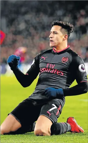  ?? Picture: REUTERS ?? MAN OF THE MOMENT: Arsenal’s Alexis Sanchez celebrates scoring their third goal scored against Crystal Palace in their derby played at Selhurst Park in London on Thursday.