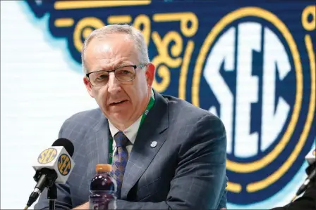  ?? ASSOCIATED PRESS ?? IN THIS MARCH 11 FILE PHOTO,
Southeaste­rn Conference Commission­er Greg Sankey speaks at a press conference in Nashville, Tenn.