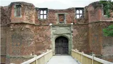  ??  ?? Below: At Kirby the unfinished gatehouse shows patterned brickwork with Hastings’ emblem (a “maunch” or heraldic sleeve) on the right hand tower
Left: Buckden tower house in Cambridges­hire, of almost identical size and plan to the Kirby Muxloe gatehouse, was probably also the work of John Cowper; it was begun by Thomas Rotherham, Bishop of Lincoln 1472–80 and completed by his successor