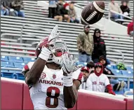  ?? Arkansas Democrat-Gazette/THOMAS METTHE ?? Wide receiver Mike Woods, shown during the spring Red-White game, originally committed to play at SMU, but he switched to Arkansas when Coach Chad Morris left the Mustangs to become the Razorbacks’ coach.