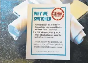  ??  ?? “Eliminatin­g straws is a no-brainer,” says Dave Query, owner of the Lola Coastal Mexican parent restaurant company Big Red F. “If every restaurant in the U.S. were to embrace this, from McDonald’s to The French Laundry, it would have a really dramatic...