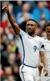  ??  ?? Jermaine Defoe celebrates scoring his goal in England’s 2-0 World Cup qualifying group win over Lithuania.