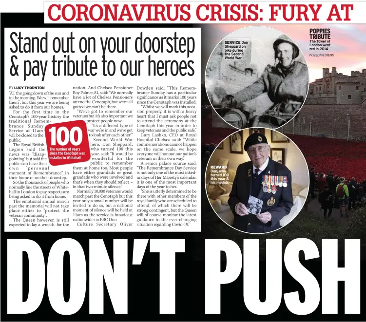  ?? Pictures: PHIL COBURN ?? SERVICE Don Sheppard on bike during the Second World War
REWARD Don, who turned 100 this year & his medals
POPPIES TRIBUTE The Tower of London went red in 2014