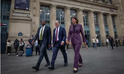  ?? Photograph: Kiran Ridley/Getty Images ?? David Lammy, Keir Starmer and Rachel Reeves in Paris for a meeting with Emmanuel Macron, September 2023.