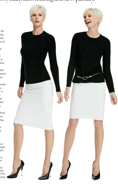  ??  ?? Slim Fit style 9309 on the left, in Micromodal is figure hugging but not tight. Worn here with the longer length Microjerse­y Stretch Pencil Skirt 2496. Easy Fit style 9433 on the right in Classic Merino skims the body and is teamed with the shorter...