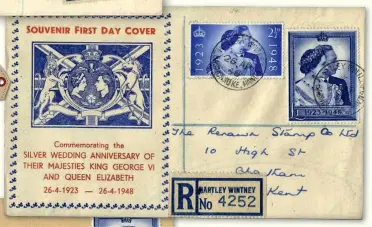  ??  ?? £210
This Grosvenor Philatelic Auctions lot was described as a King George VI: 1948 Silver Wedding 2½d and £1, fine used, on an illustrate­d registered FDC. Price Realised £210