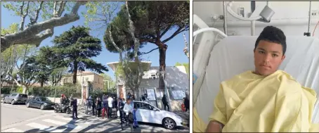  ?? (Photos Frank Muller et DR) ?? D’abord imputée à un vol de scooter ou de montre, il semble que l’agression dont a été victime Vincenzo jeudi après-midi (photo de droite) devant le collège Marie-Curie (à gauche) soit en fait liée à son skateboard.