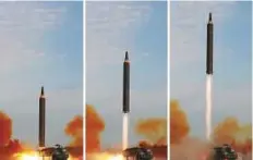  ?? Reuters ?? Kim Jong-un (not pictured) guided the launch of a Hwasong-12 missile in this combinatio­n photo released by North Korea’s Korean Central News Agency yesterday.