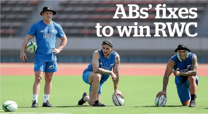  ?? GETTY IMAGES ?? Brad Weber, left,
T J Perenara and Aaron Smith are at the heart of one of the issues the All Blacks have to sort out if they’re going to be victorious at the Rugby World Cup.